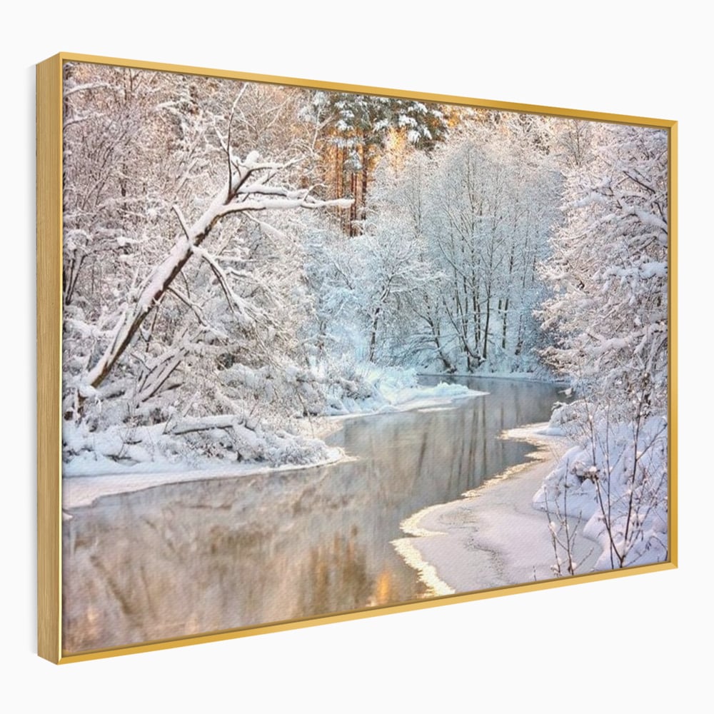 Tablou canvas cu tablou canvas cu peisaj de iarna pe rau, in rama de aluminiu auriu